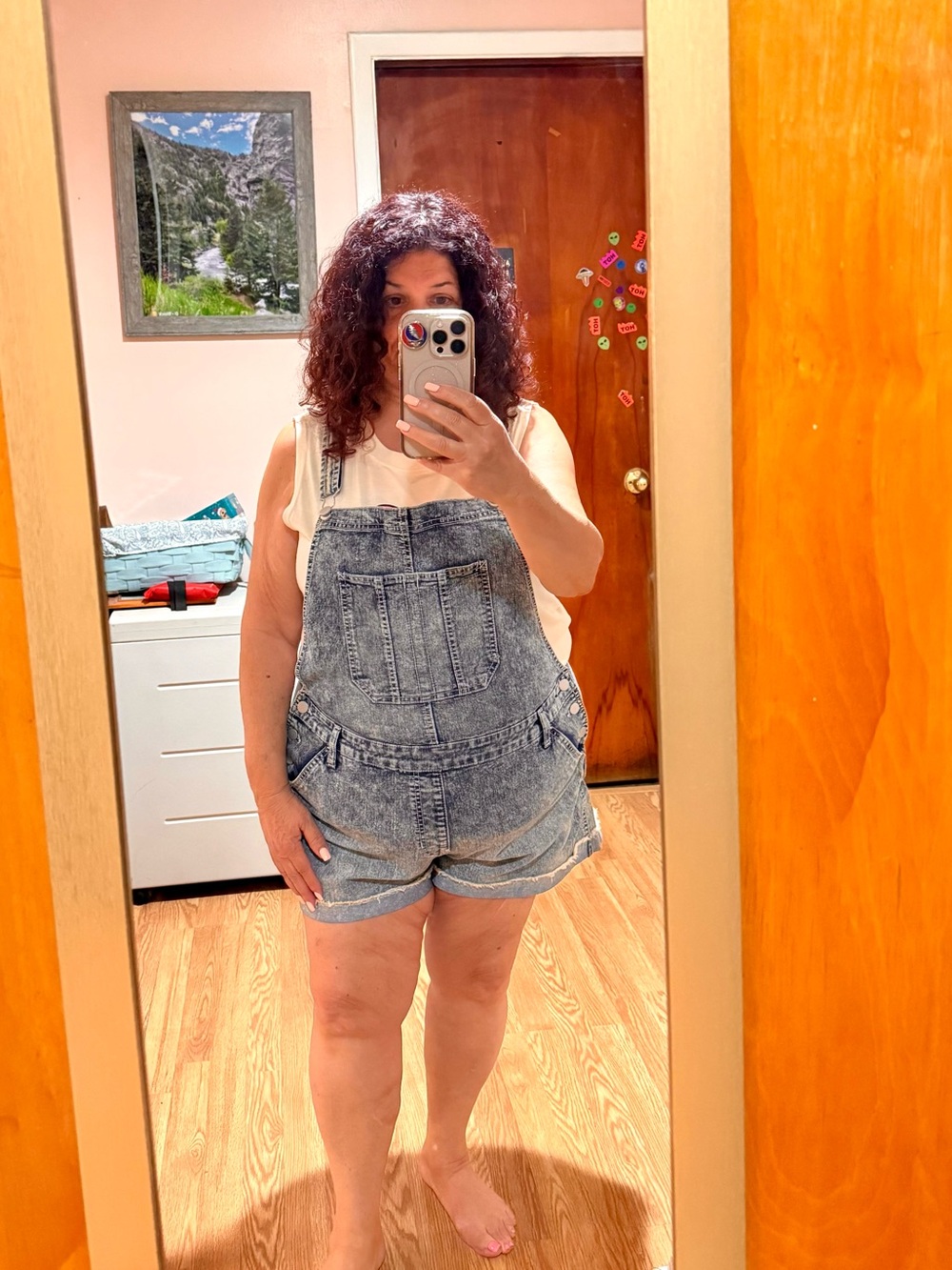 Women’s Acid-Wash Denim Short Overalls - Light Blue